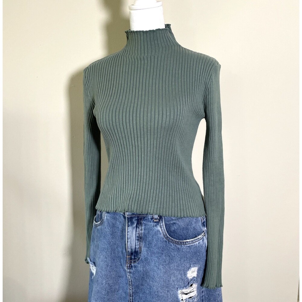 Women's Mock Neck Sweater Green Knit Ribbed Top Size Small Preppy Minimalist